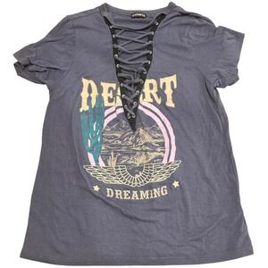 Express Gray Desert Dreaming Lace-Up Short Sleeve Tee